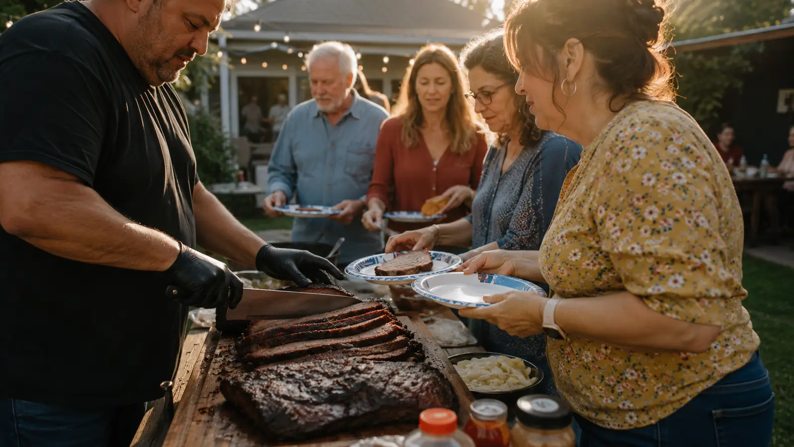 Sliced brisket with a dark mahogany bark laid out on a cutting board at an outdoor family gathering