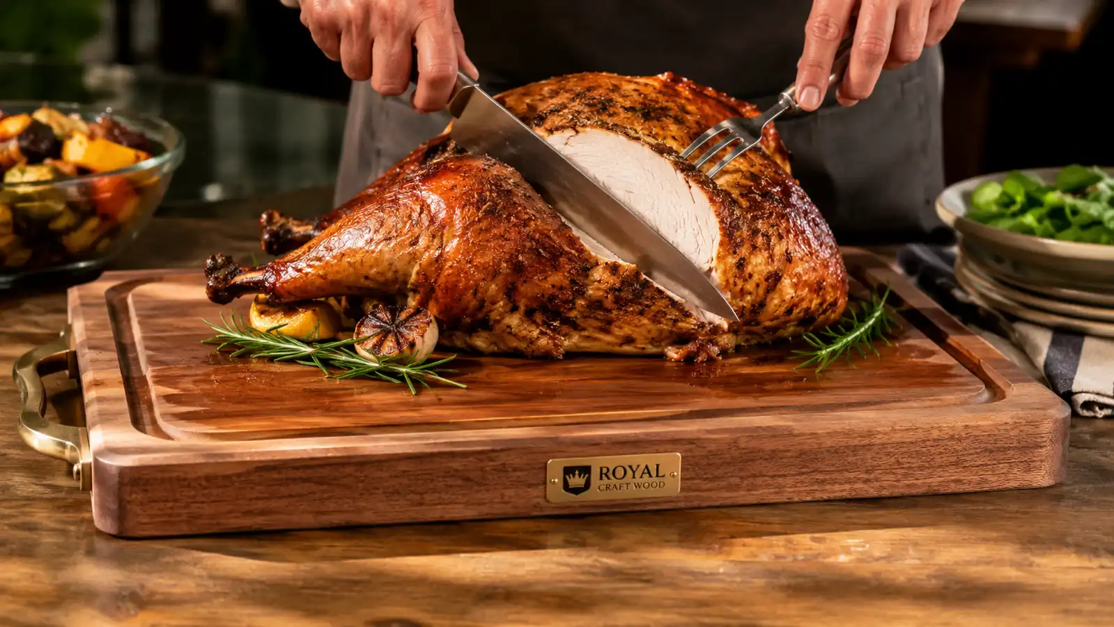 Hands carving a whole turkey on a bamboo board with side handles, juice collecting in the groove instead of on the counter