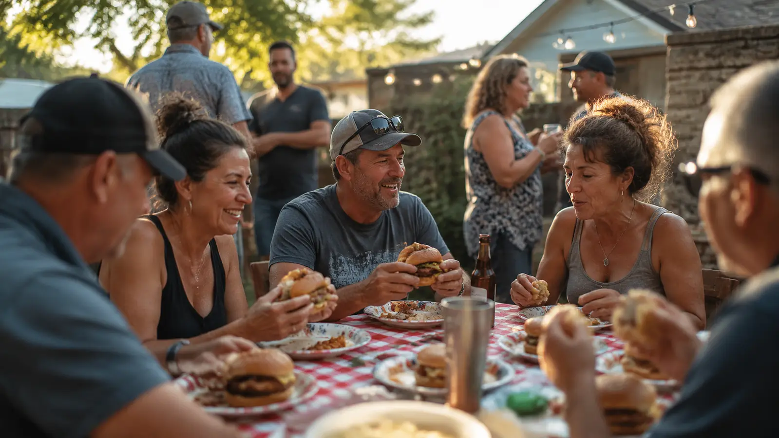 Family gathered around a picnic table eating smash burgers off paper plates at an outdoor potluck