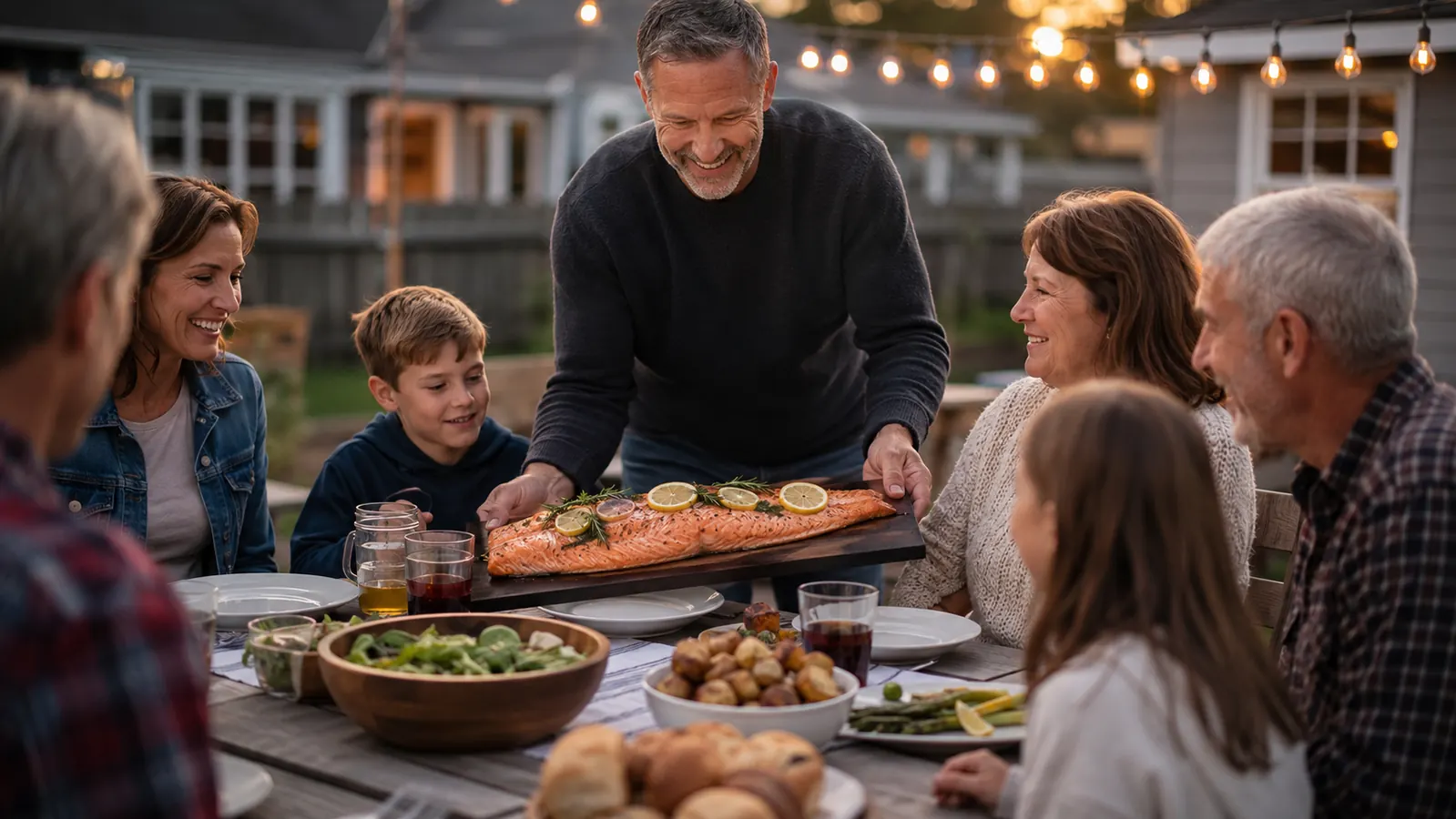 Family gathered around a picnic table passing a platter of cedar-planked salmon at an outdoor cookout
