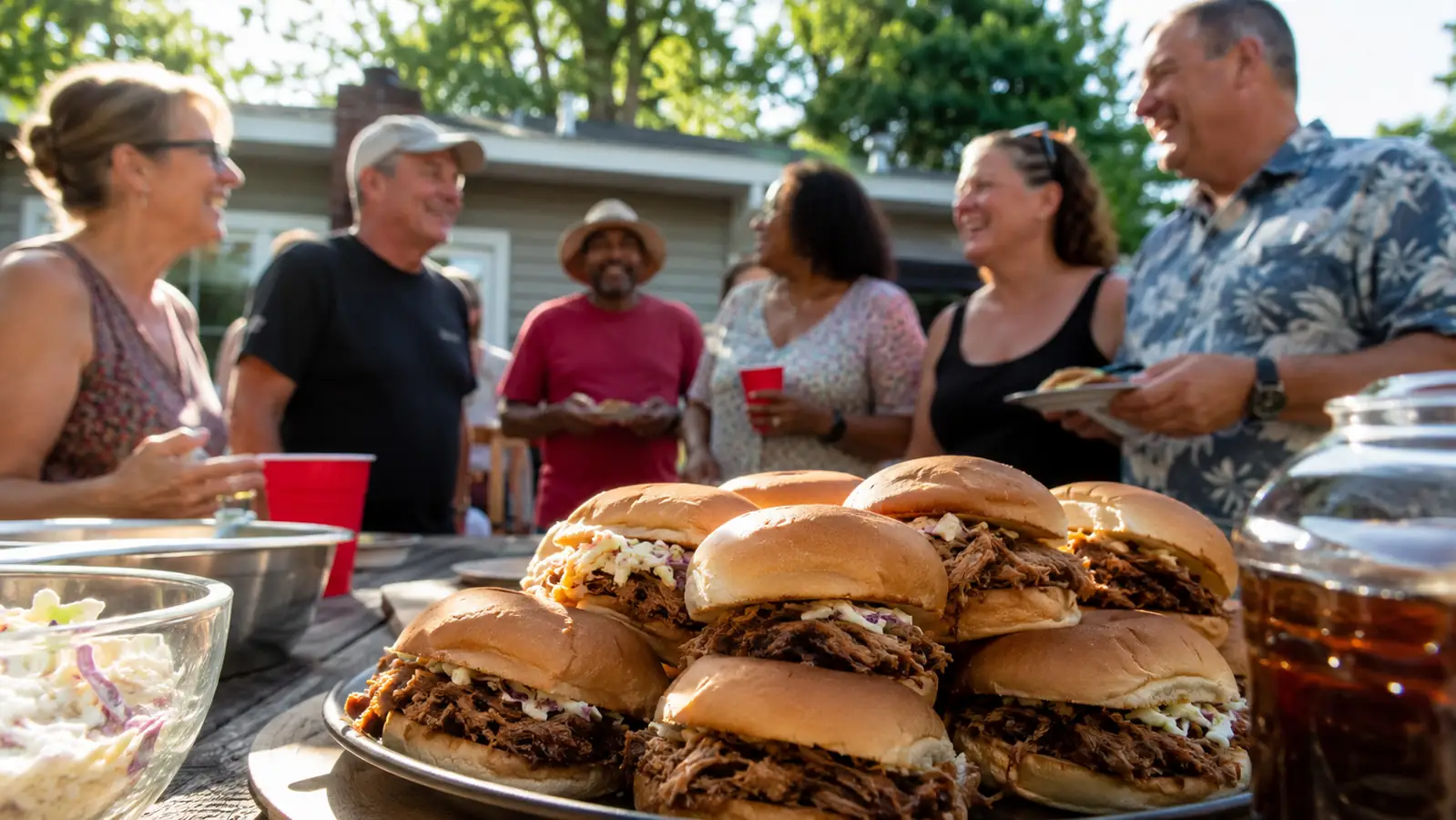 A backyard picnic table loaded with pulled pork sandwiches, coleslaw, and sauce bottles for a family reunion
