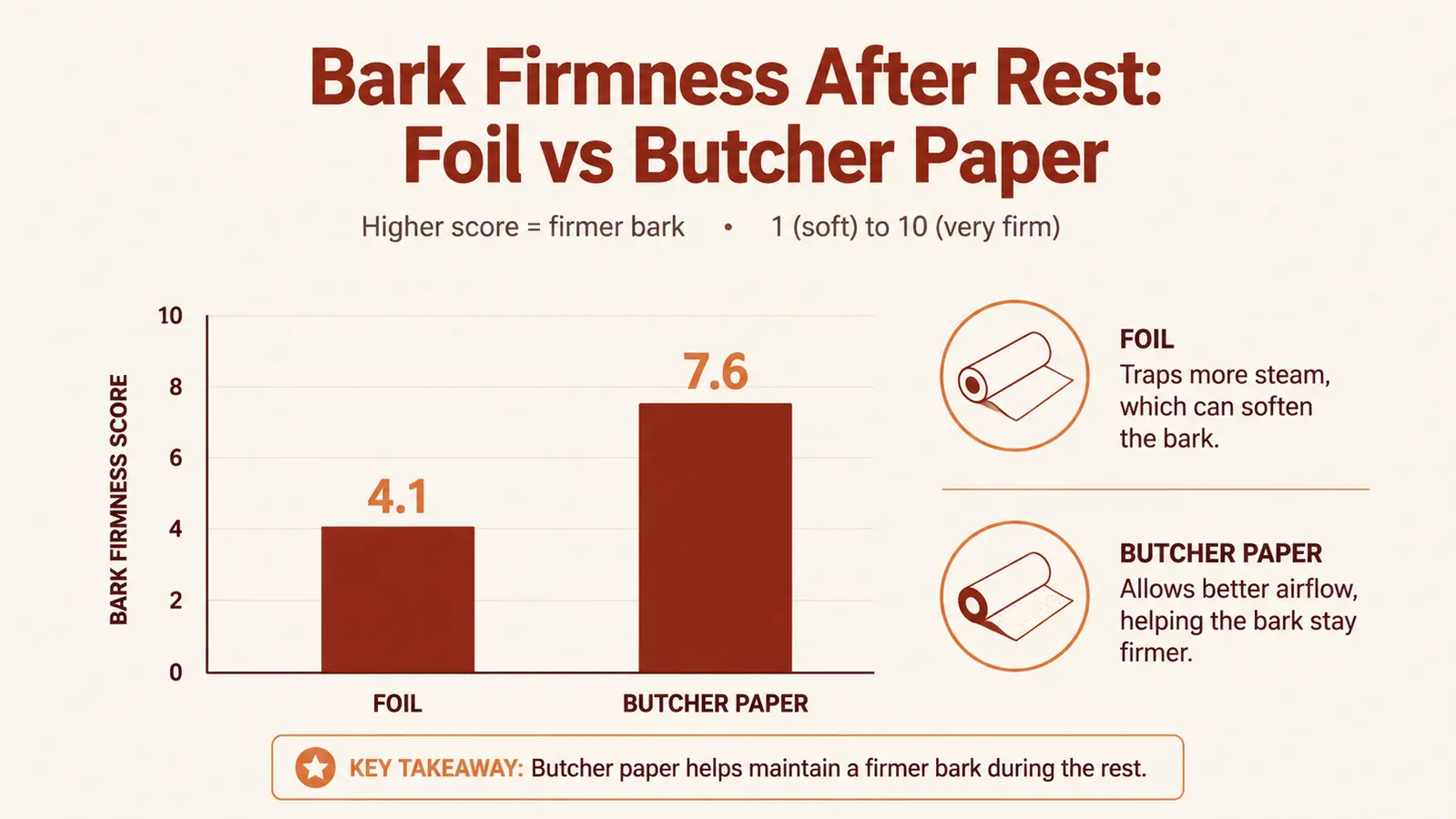 Simple chart comparing bark firmness after resting for brisket wrapped in foil versus butcher paper