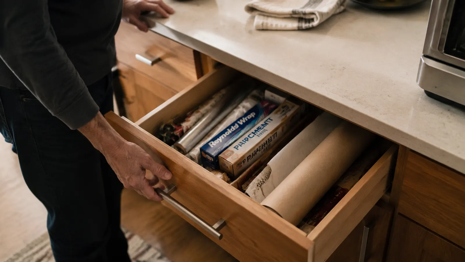 A roll of butcher paper stored in a kitchen drawer next to foil and parchment