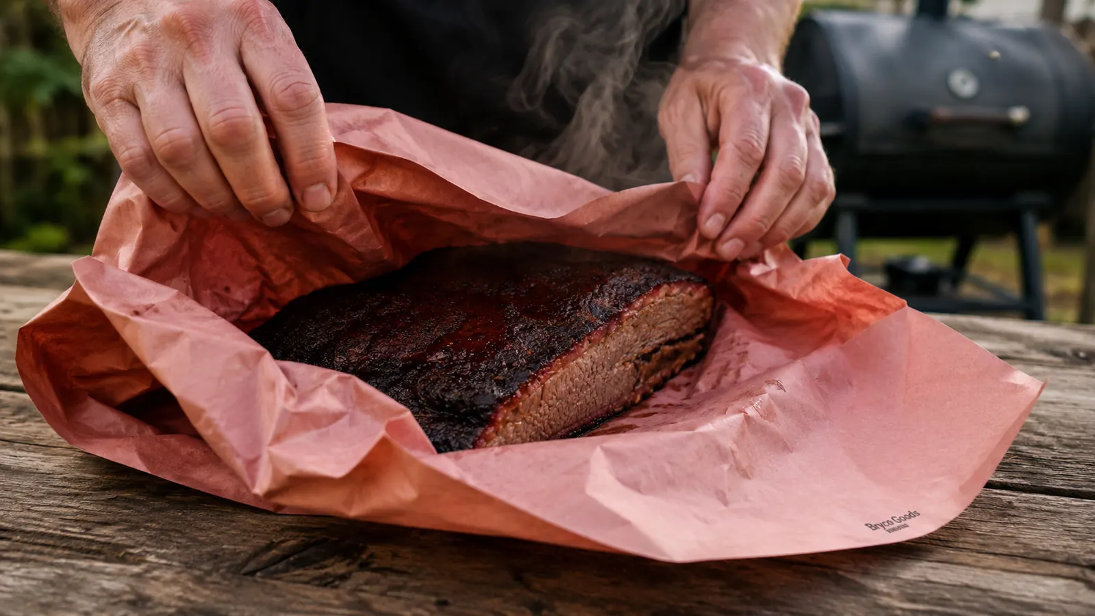 Hands wrapping a brisket in pink butcher paper on a picnic table next to the smoker