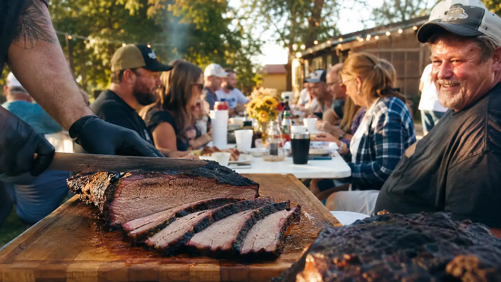 Family gathered around a picnic table with a freshly sliced brisket showing a smoke ring and dark bark