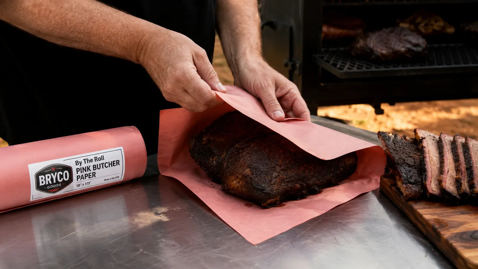 Hands wrapping a smoked brisket tightly in pink butcher paper on a stainless prep table