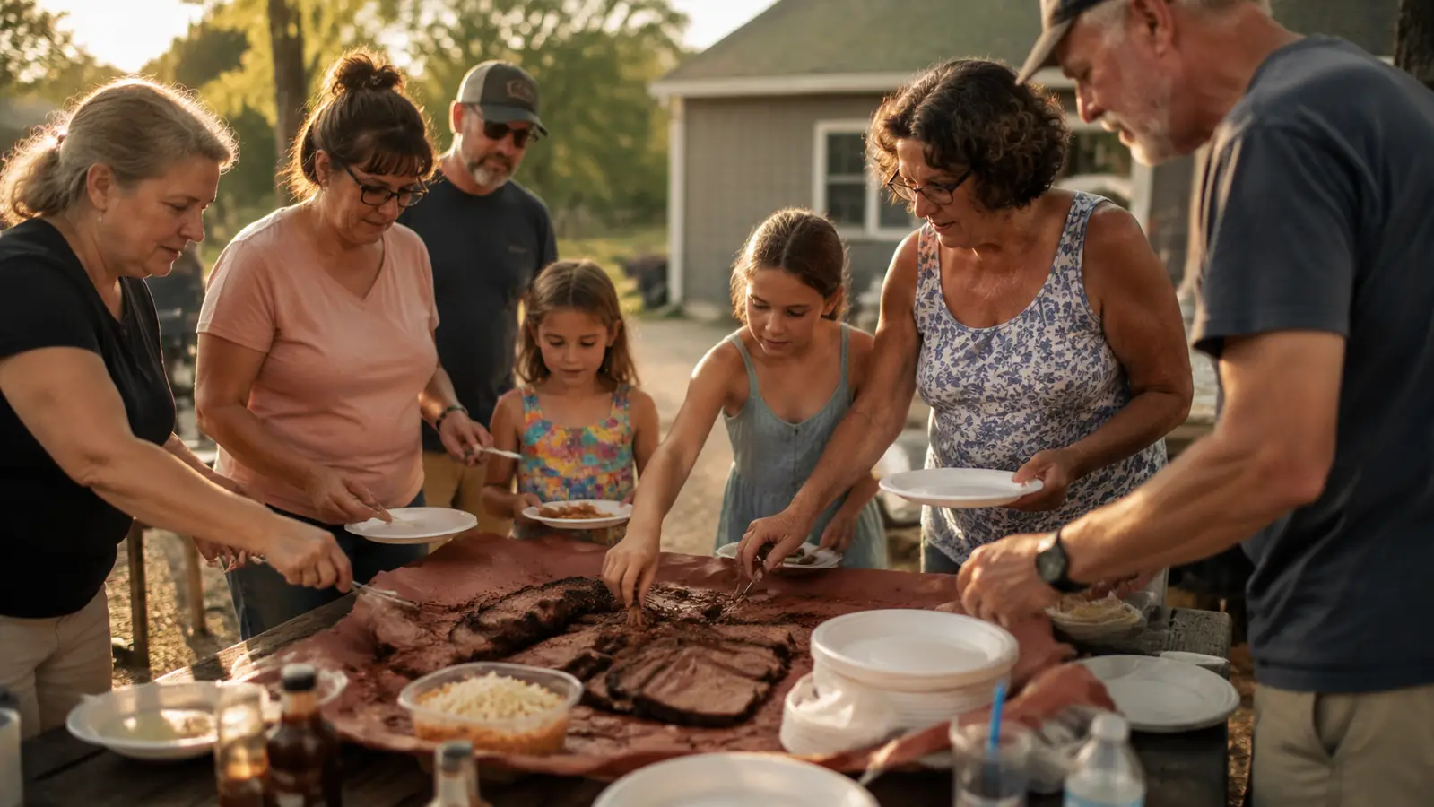 Family gathered around a picnic table at a backyard cookout with a sliced brisket served on butcher paper