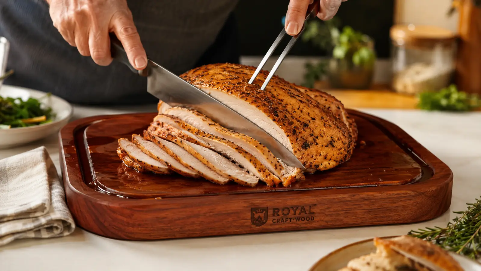 Hands carving a turkey on a large wood cutting board with a deep juice groove catching the drippings