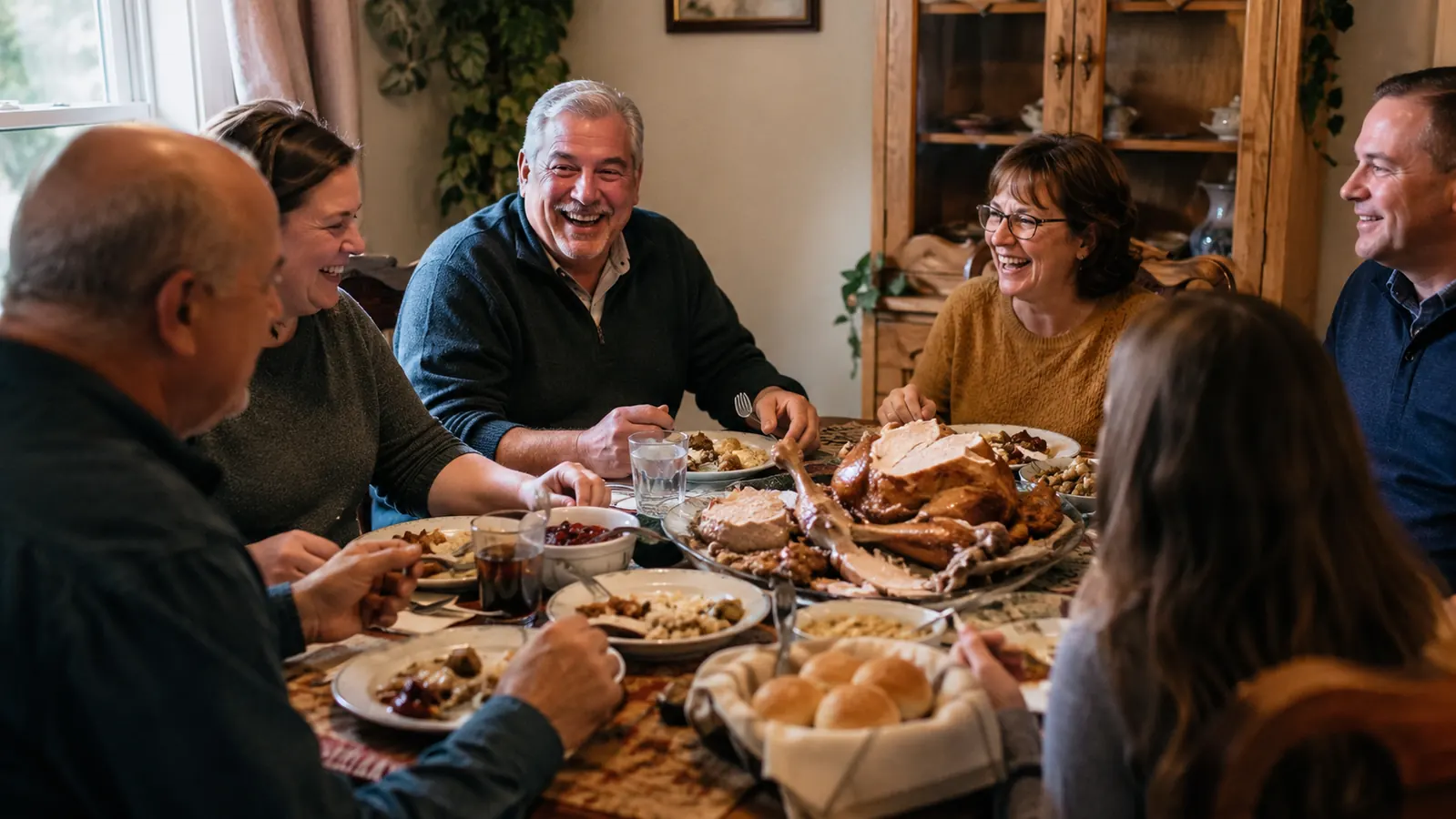 A family gathered around a dinner table with a carved turkey and side dishes