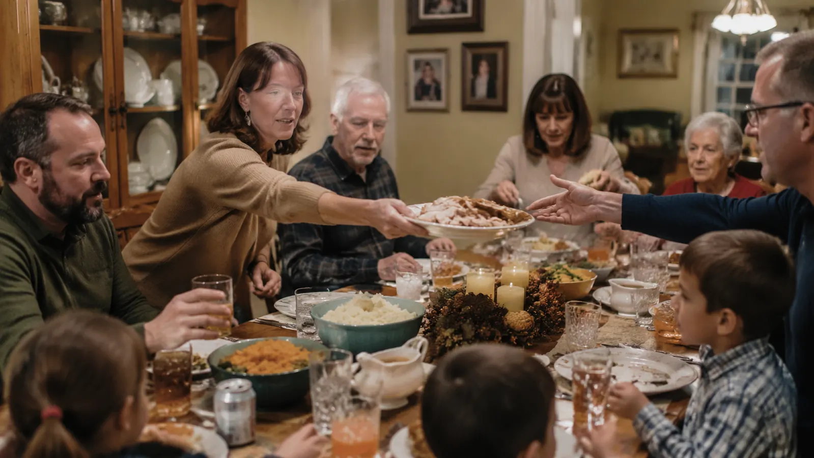 Family gathered around a dinner table passing plates of sliced turkey and sides