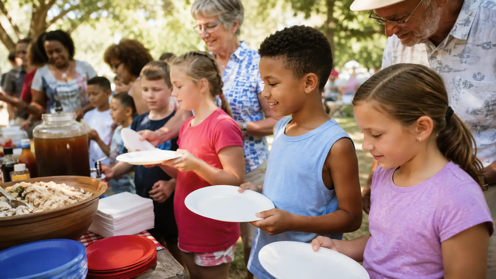 Kids in a backyard holding paper plates in line for smash burgers at a family cookout