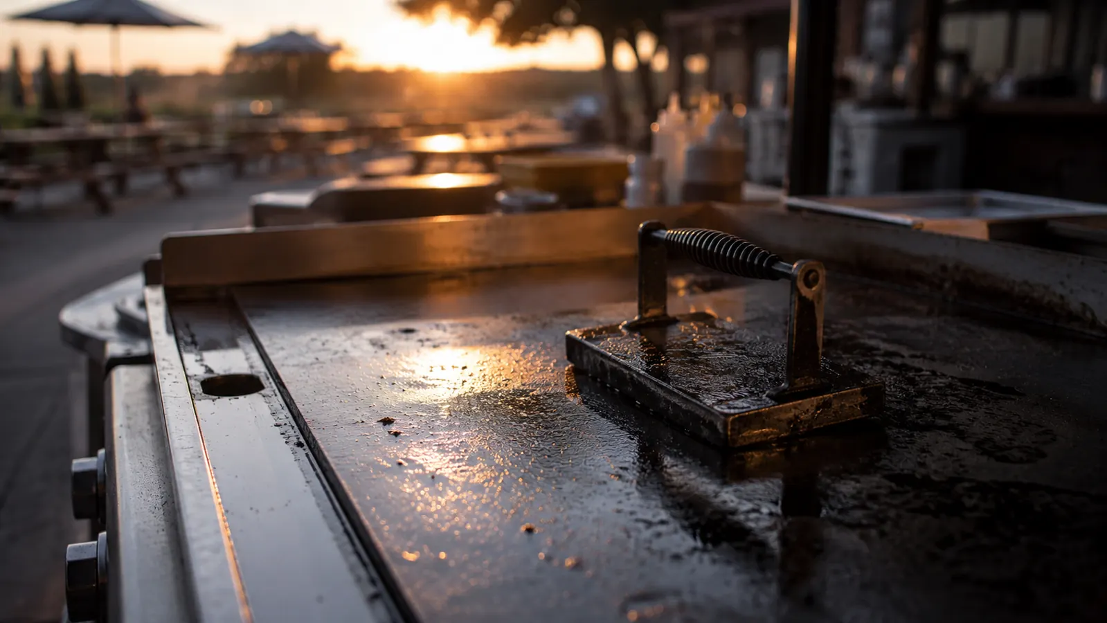 A flat-top griddle and cast iron press cooling at dusk after a long day of cookout cooking
