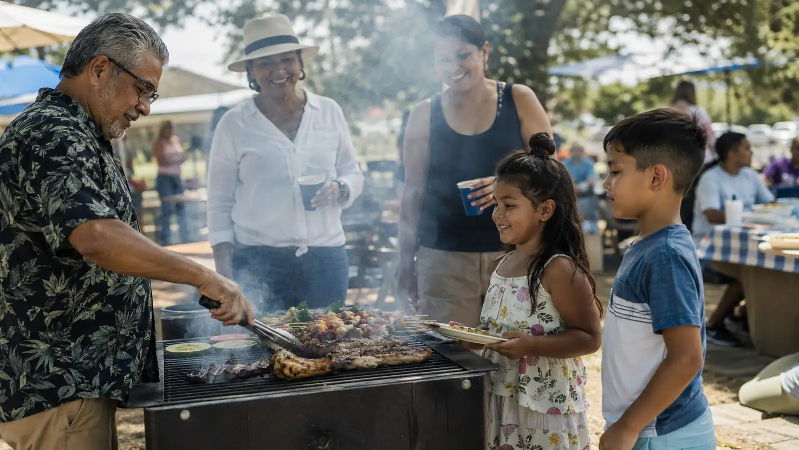 Family gathered around a backyard grill at a reunion cookout with burgers on the grate