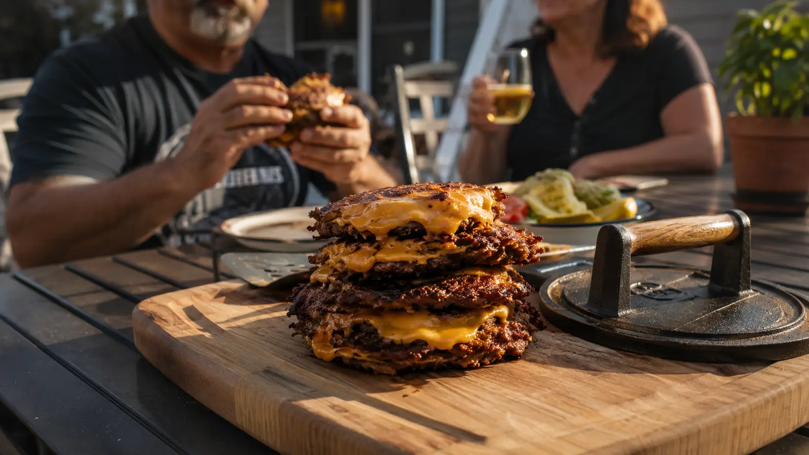 A stack of finished smash burgers with dark crispy edges cooling on a cutting board next to the grill press