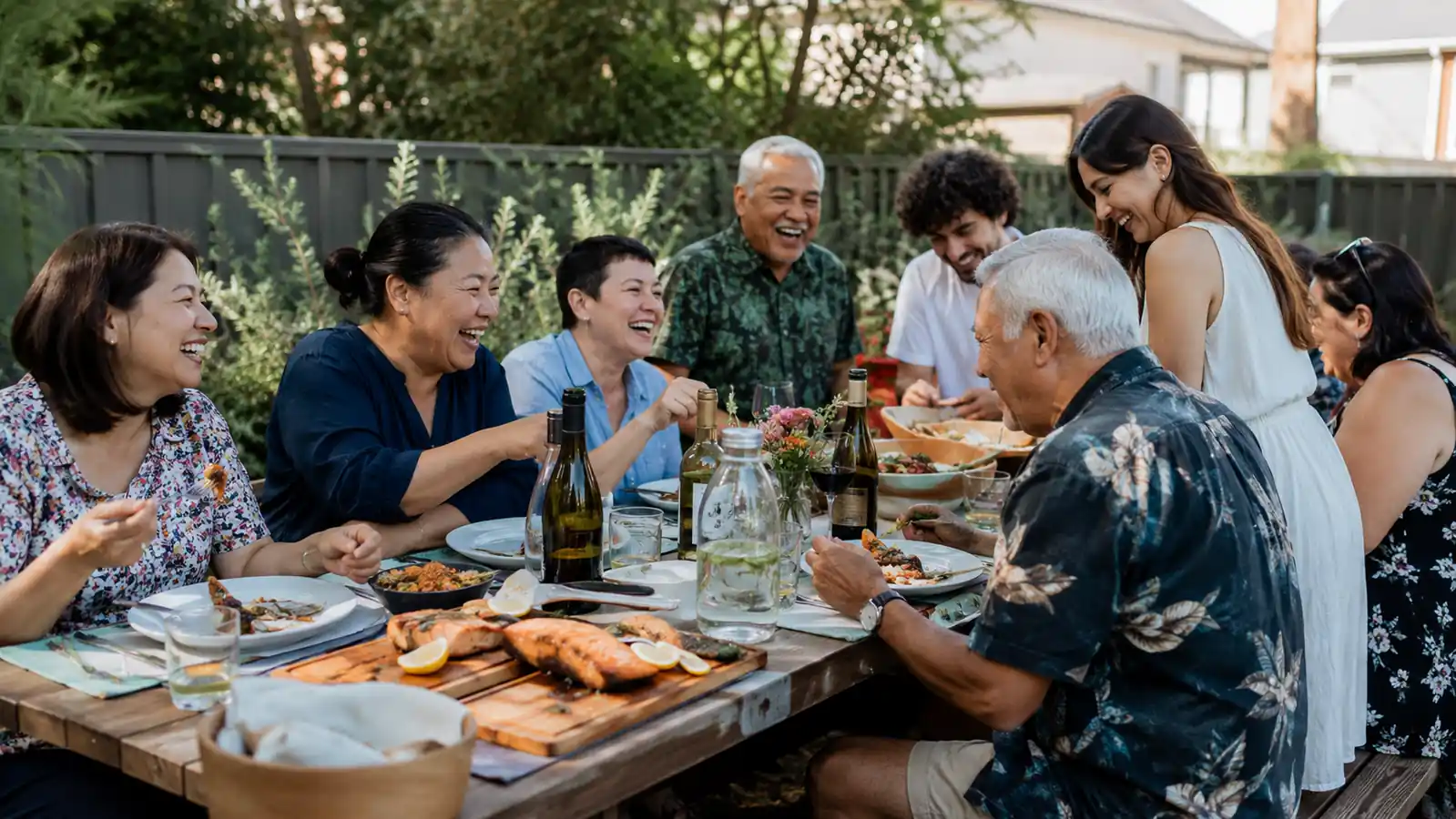 Family and friends gathered around a picnic table at a reunion, plates of grilled salmon in front of them