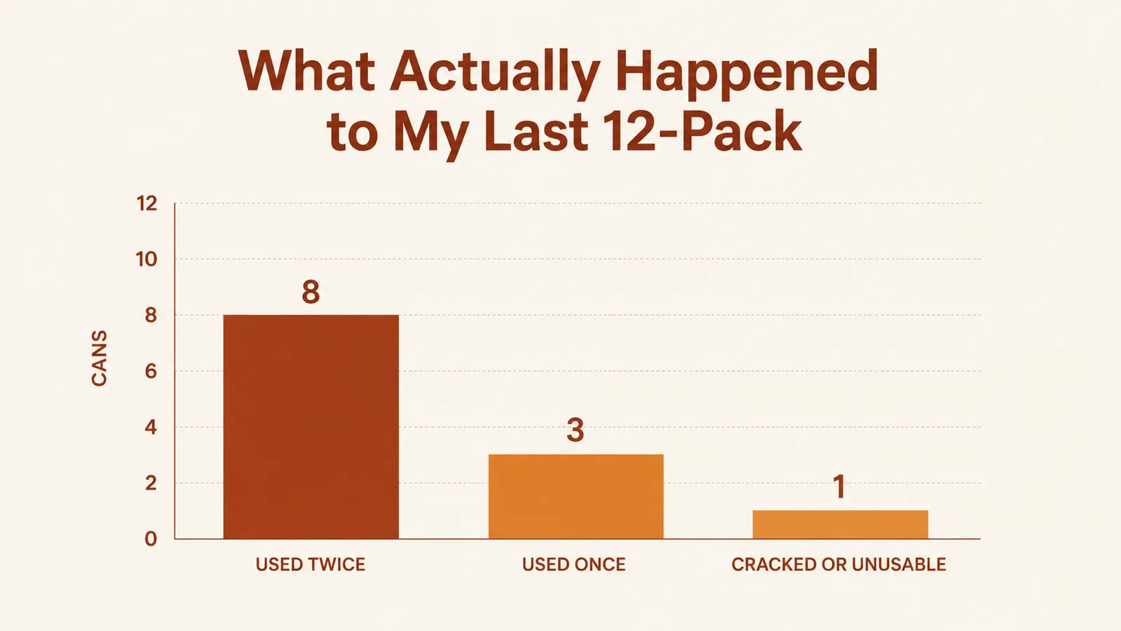 Bar chart comparing how many planks from a 12 pack were usable once, twice, or not at all