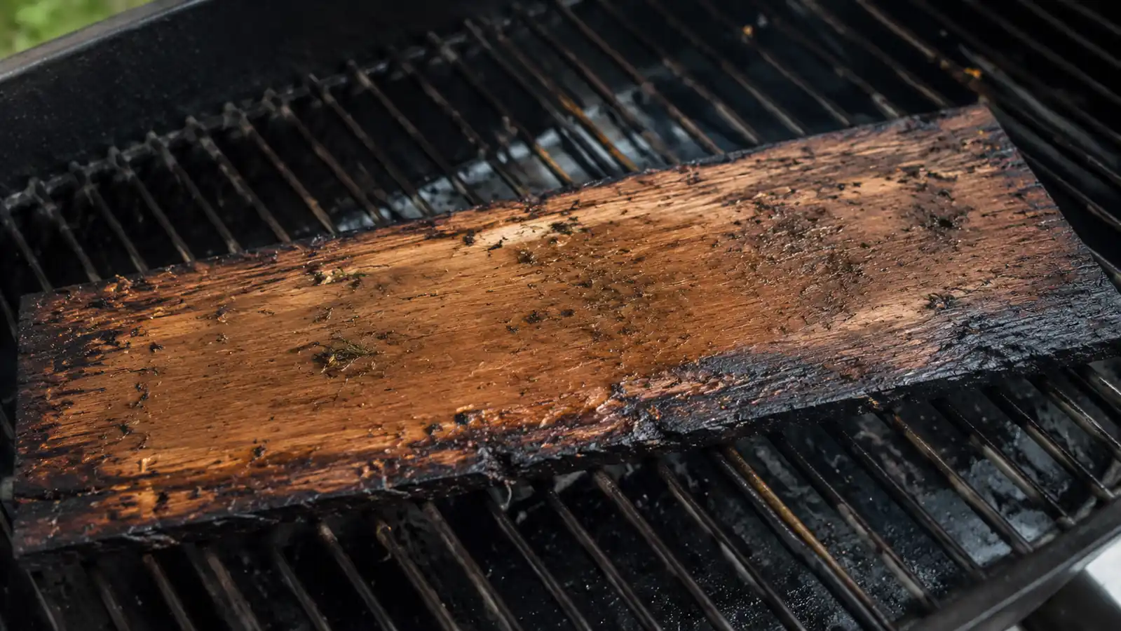 A charred, splitting cedar plank sitting empty on a grill after cooking, showing real wear