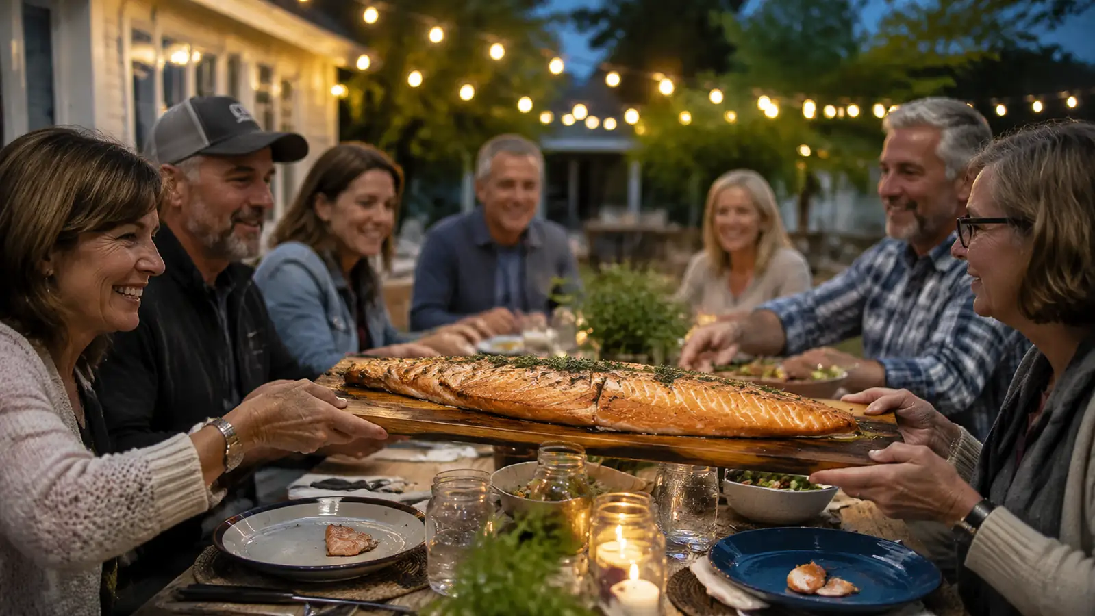 Family gathered around a picnic table at a reunion with a platter of cedar-plank grilled salmon in the center