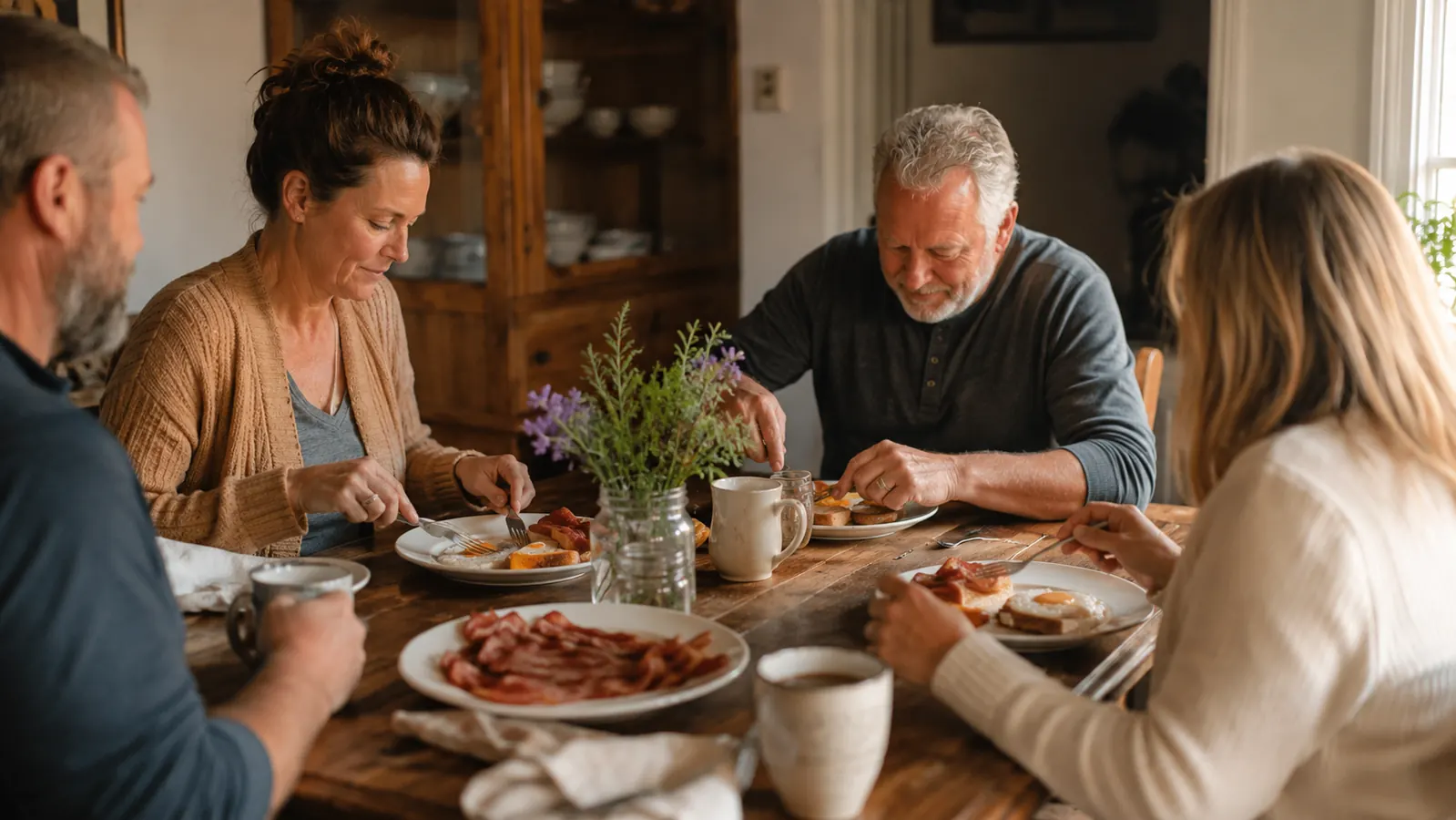 A breakfast plate of crispy flat bacon, eggs, and toast on a farmhouse table with coffee