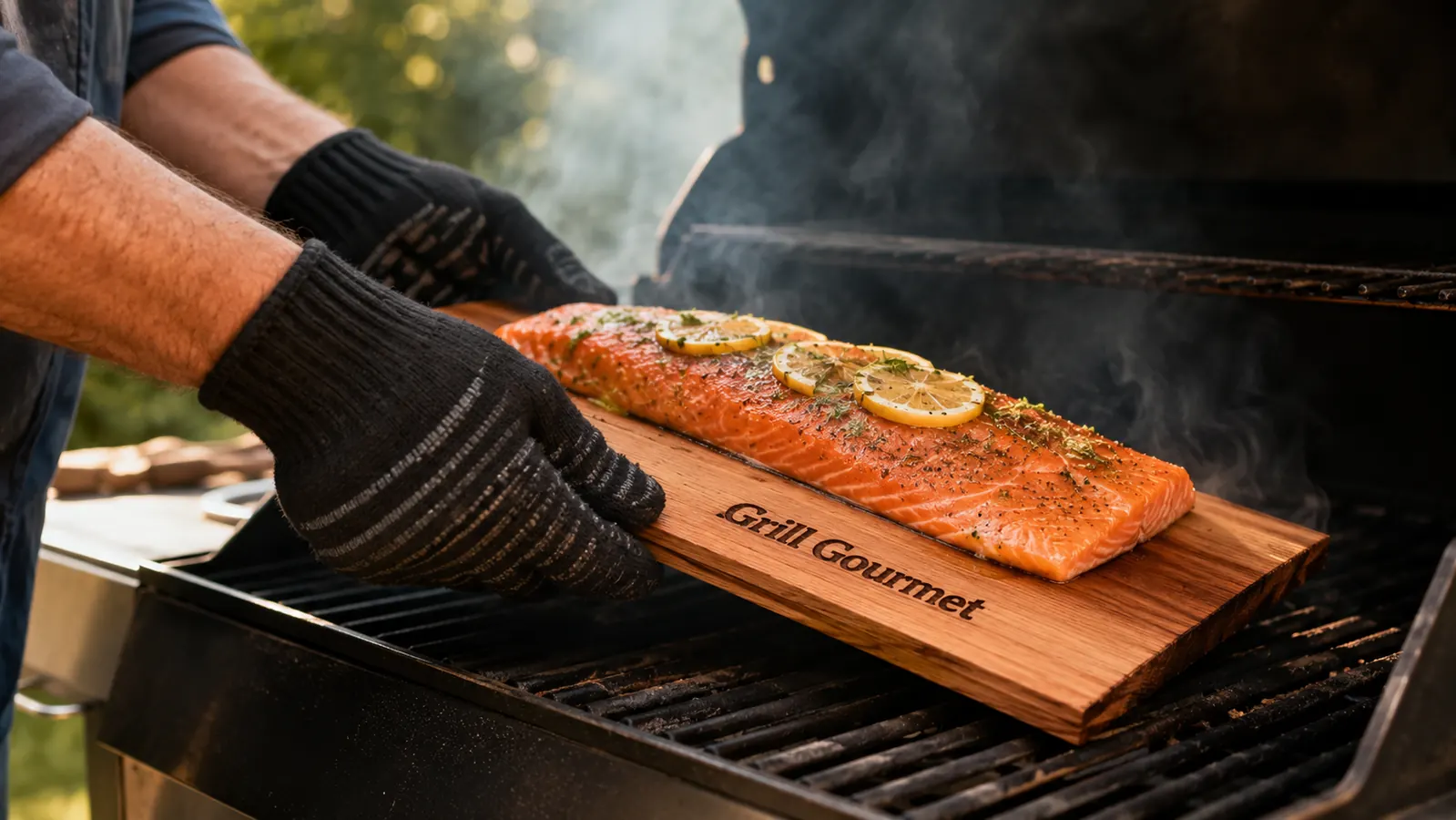 Hands in grill gloves placing a soaked cedar plank topped with a raw seasoned salmon fillet onto hot grill grates