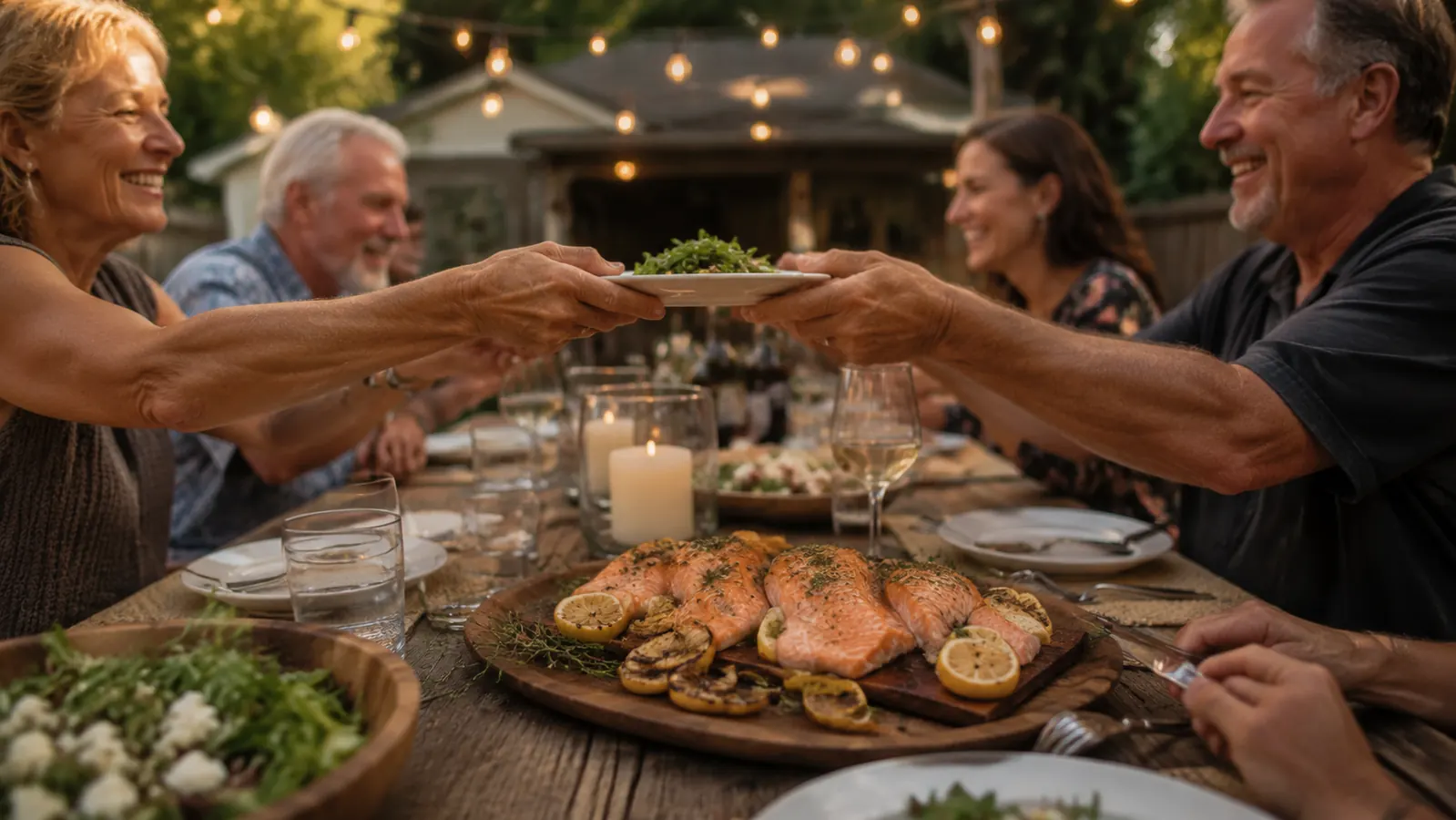 A family gathered around a backyard picnic table eating grilled cedar plank salmon at a summer cookout