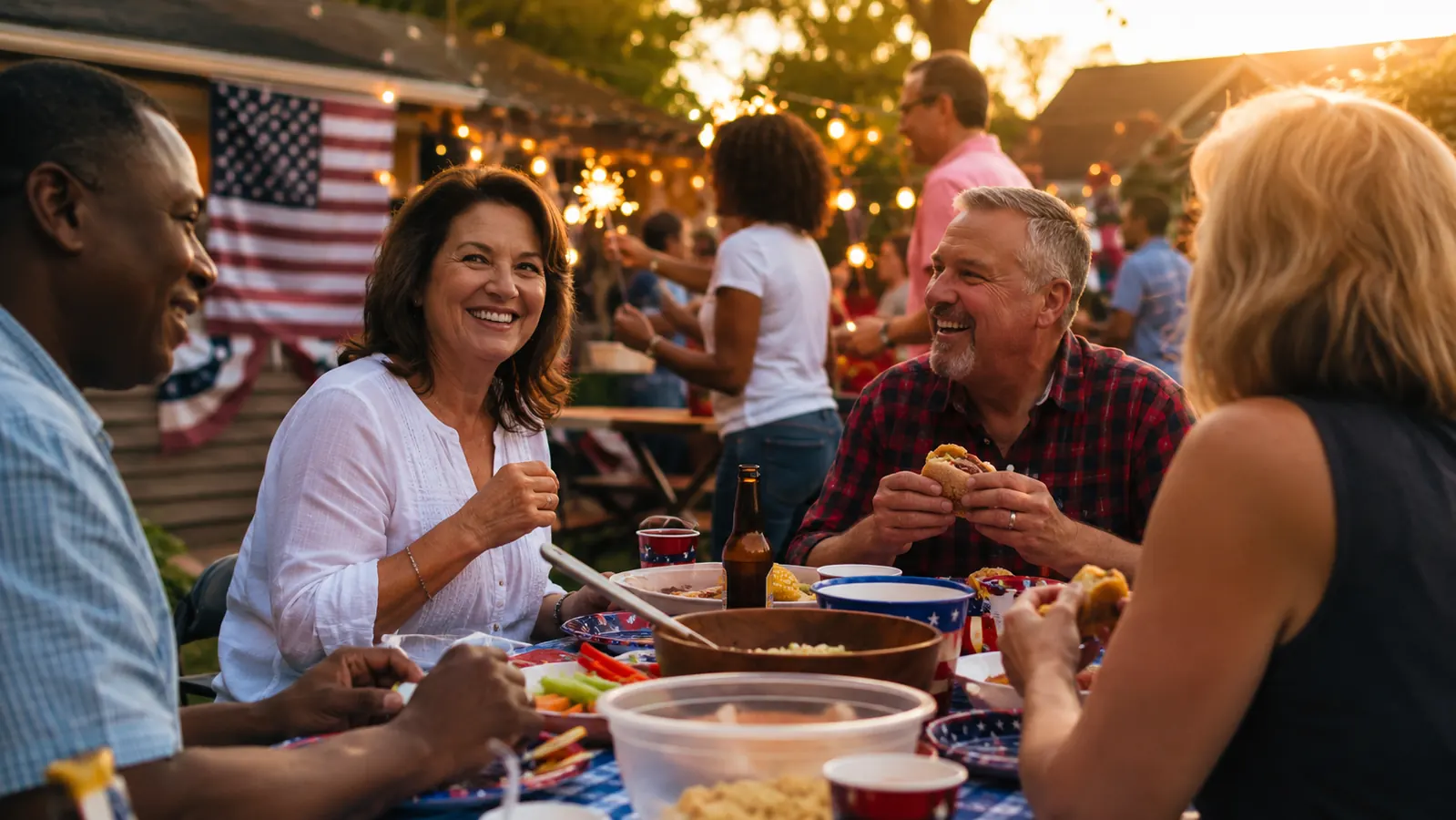 A backyard picnic table crowded with family passing plates at a Fourth of July cookout