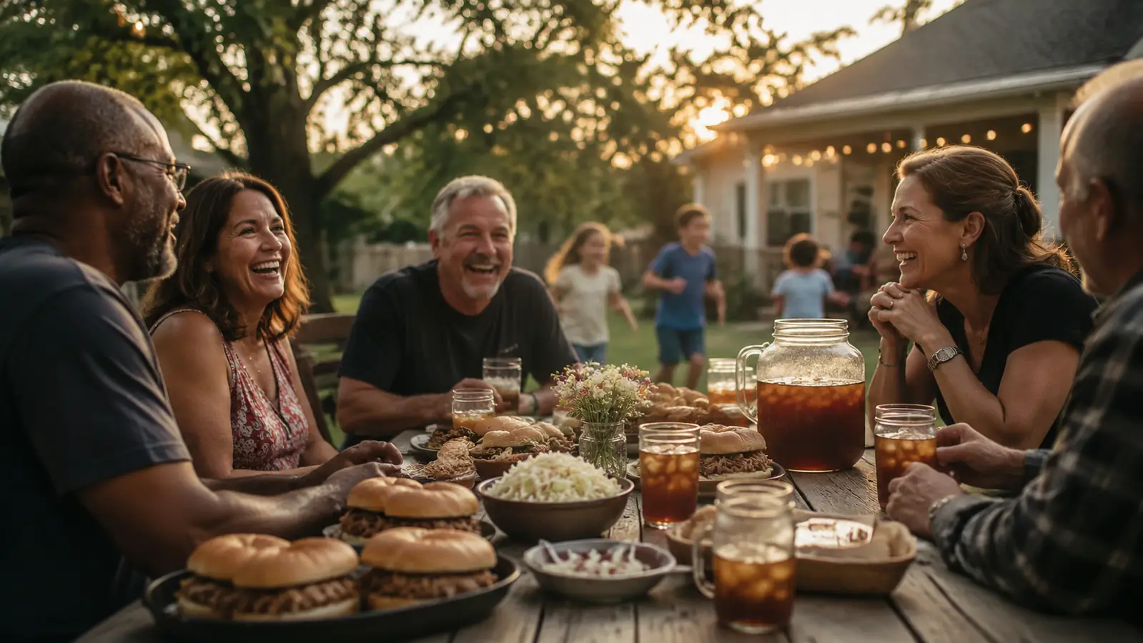 Backyard family reunion table loaded with pulled pork sandwiches and sides