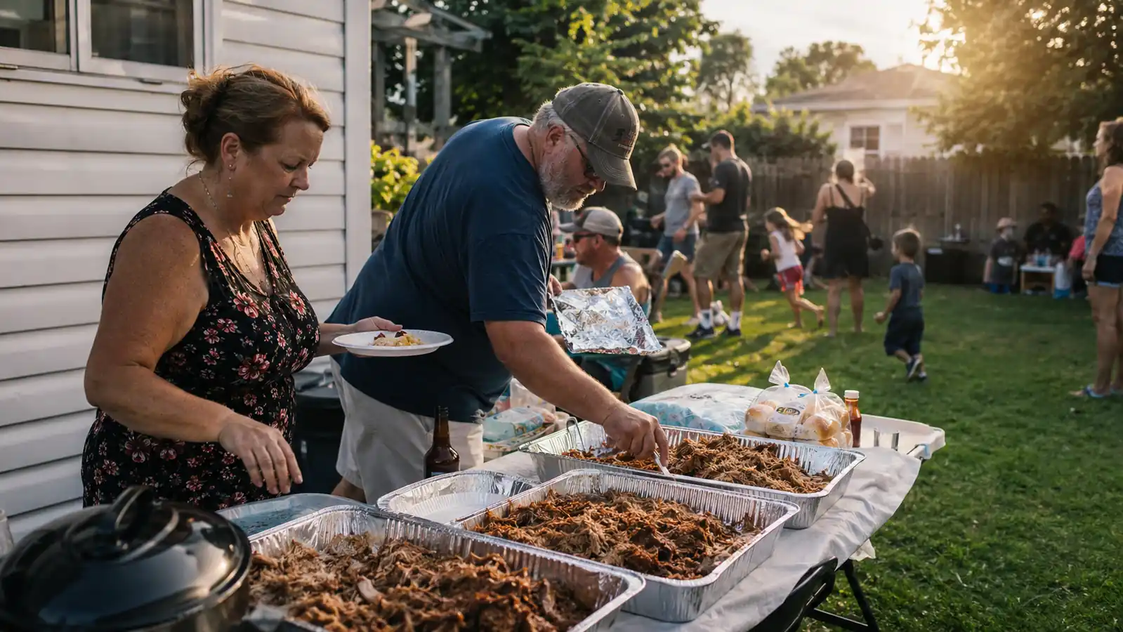 A folding table at a family cookout loaded with pulled pork, buns, and sides